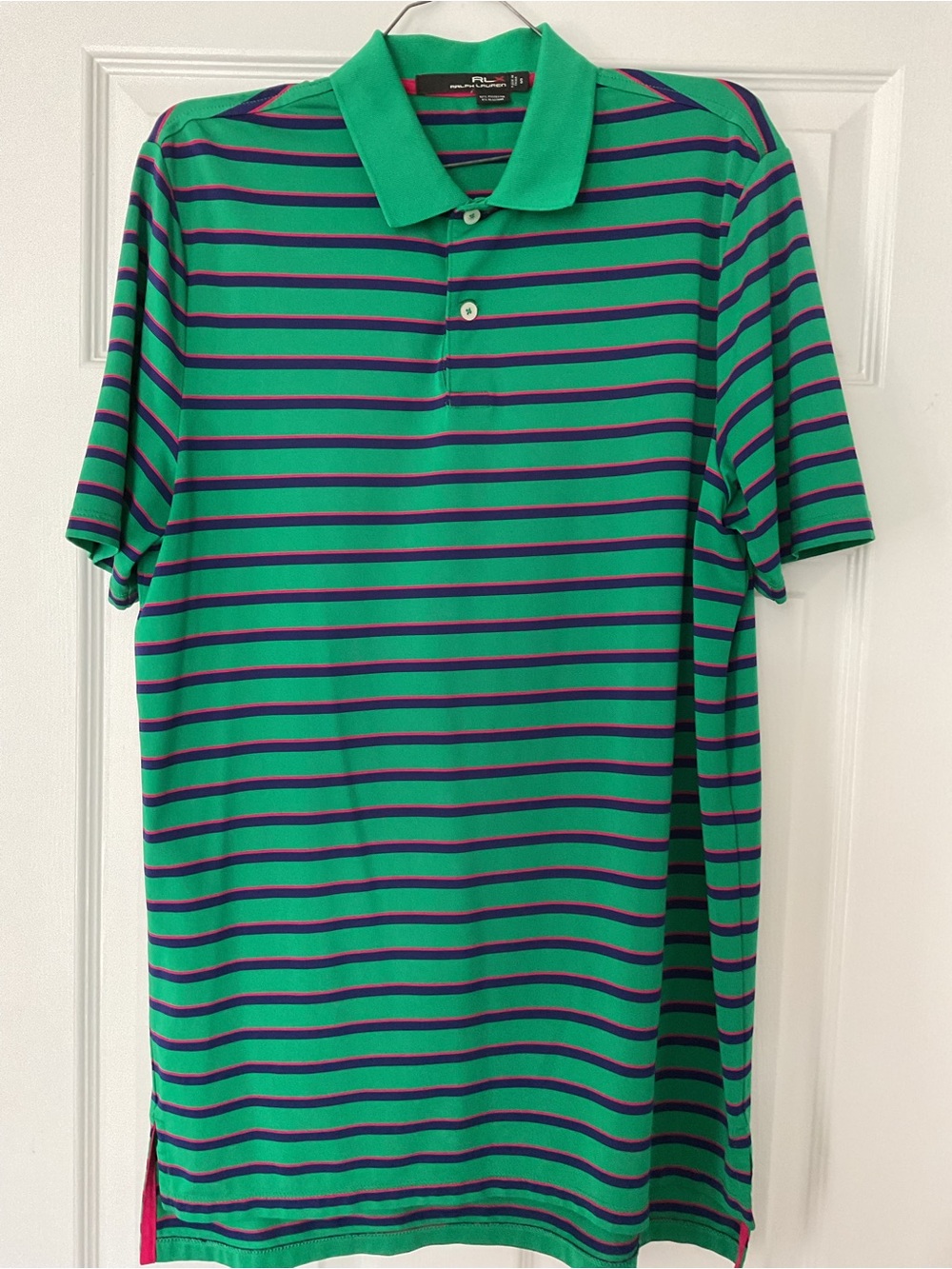 RLX Ralph Lauren Green Polo with Navy & Purple Stripes
